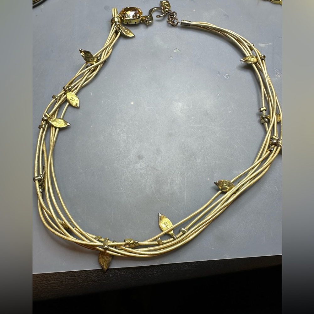 Vintage Sea Smadar multi leather strand leaf charm necklace signed